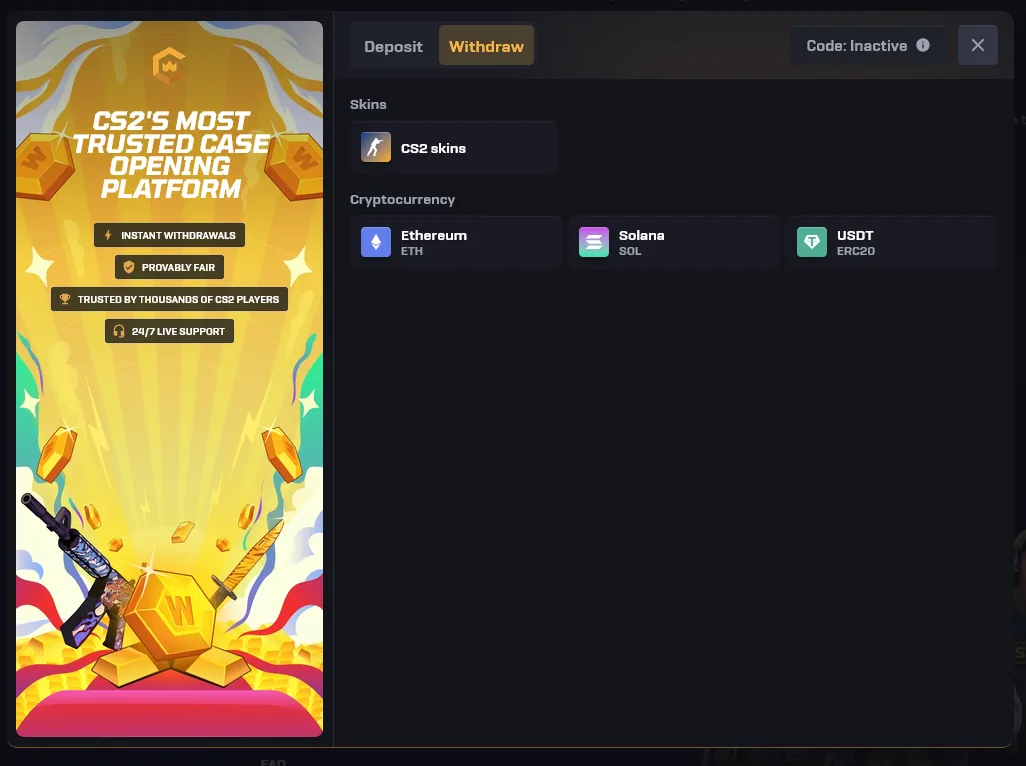 CSGOWin withdrawal screen showing skin and crypto cash-out options
