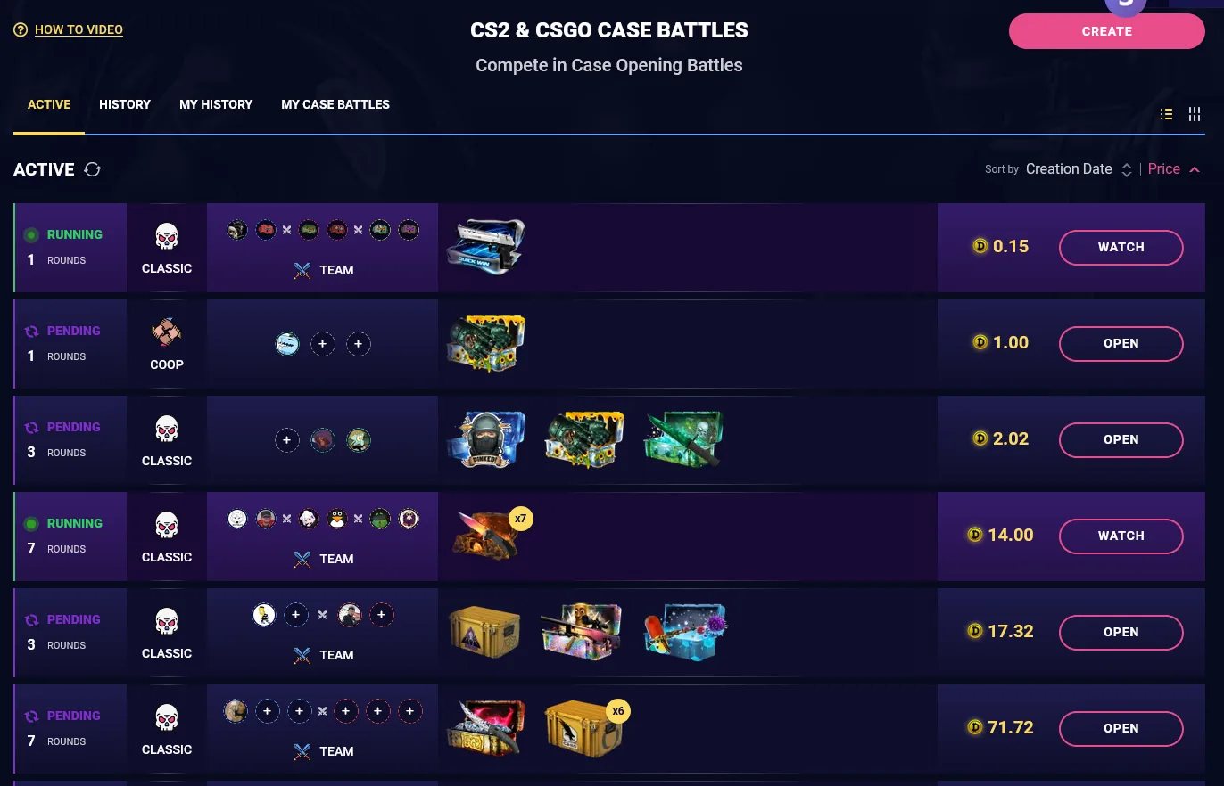 DaddySkins Case Battles mode with players opening identical cases