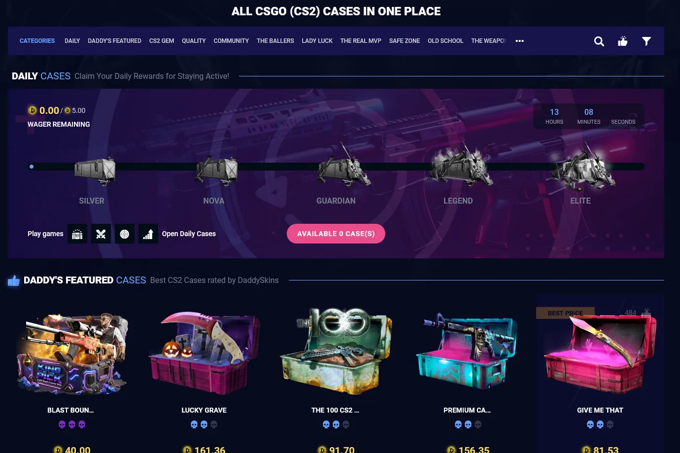 DaddySkins case opening page showing CS2 cases and their contents