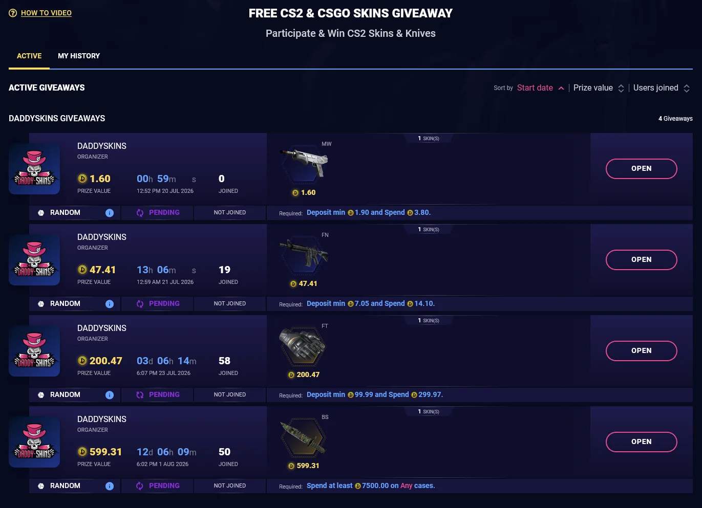 DaddySkins giveaways page offering free chances to win skins