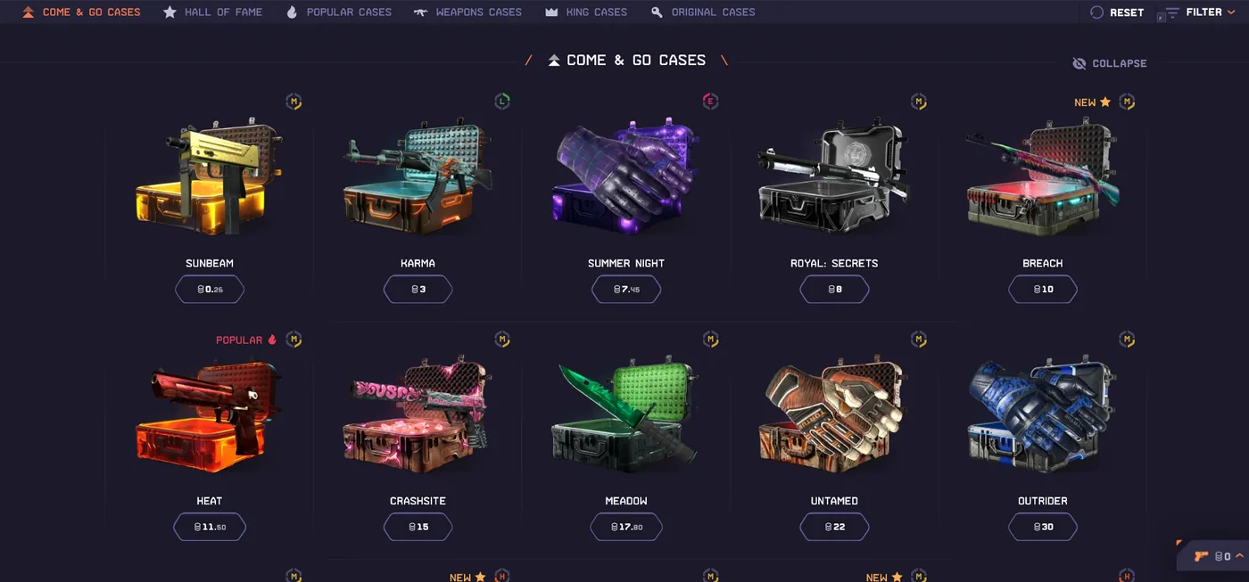 DatDrop case opening page showing CS2 cases and drop odds