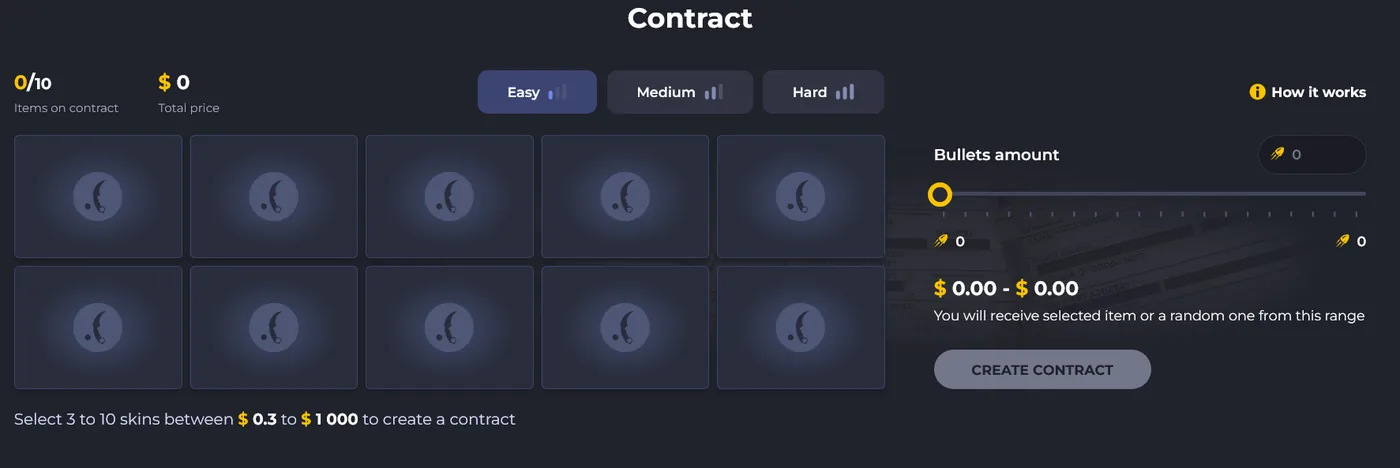 FarmSkins Contracts trade-up combining lower-value skins into a higher-value item