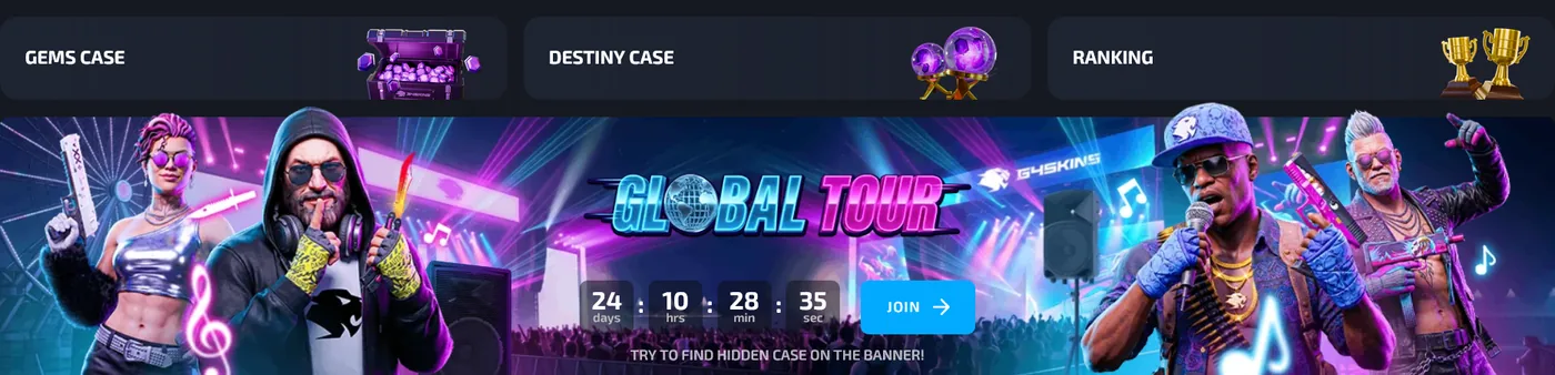 G4Skins case opening page showing CS2 cases and their contents