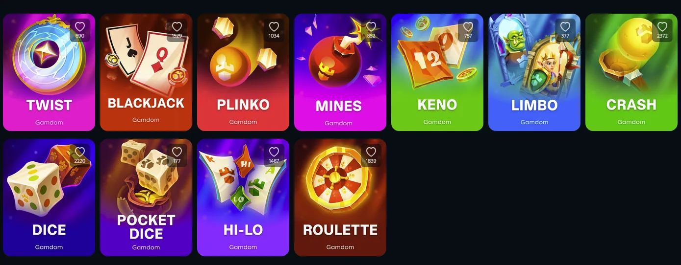 Gamdom games lobby showing its wide selection of crash, roulette, slots and live casino modes