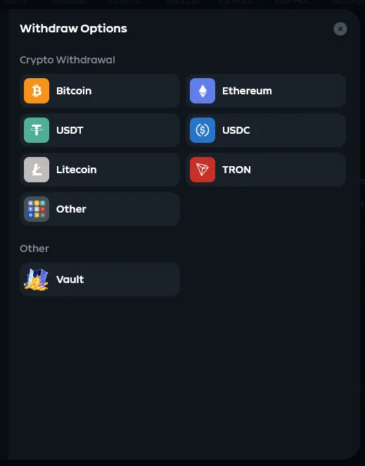 Gamdom withdrawal panel showing cryptocurrency cash-out options