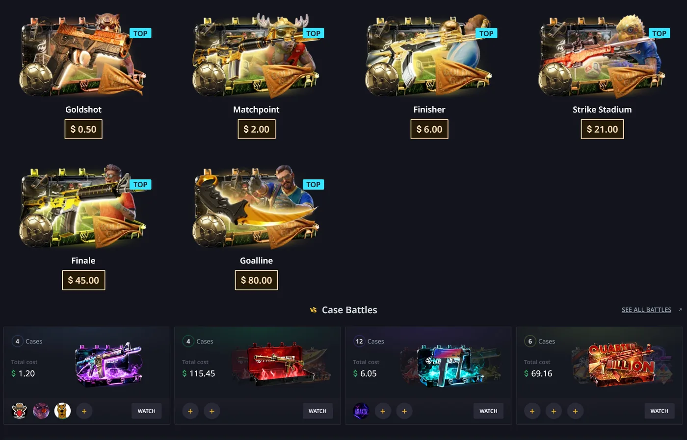 Hellcase case catalogue showing hundreds of CS2 cases including low-cost options