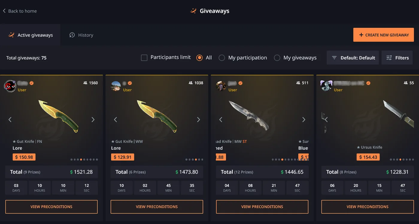 Hellcase giveaway page offering free chances to win skins