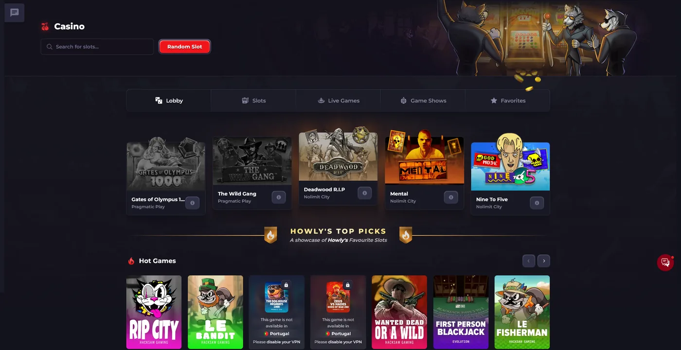 Howl.gg casino lobby showing its multi-game floor and skin balance