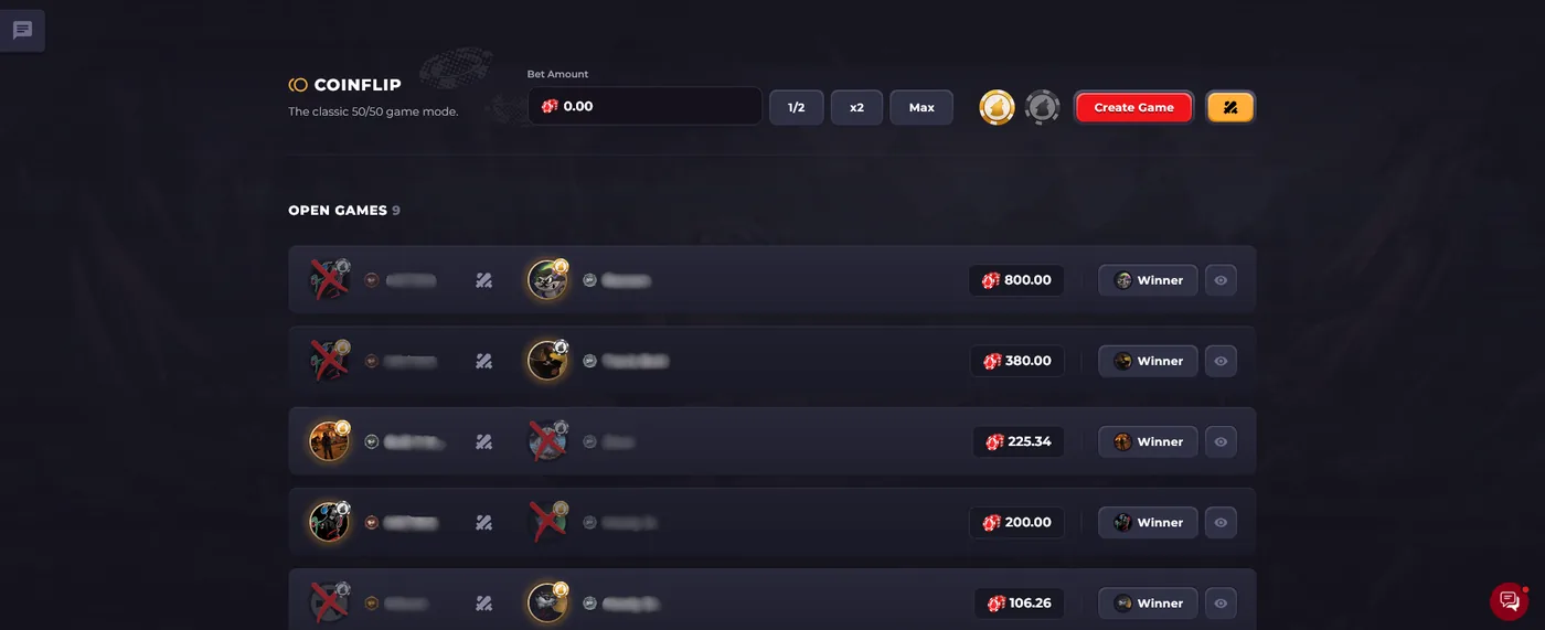 Howl.gg Coinflip lobby showing 50/50 skin duels with a range of bet sizes