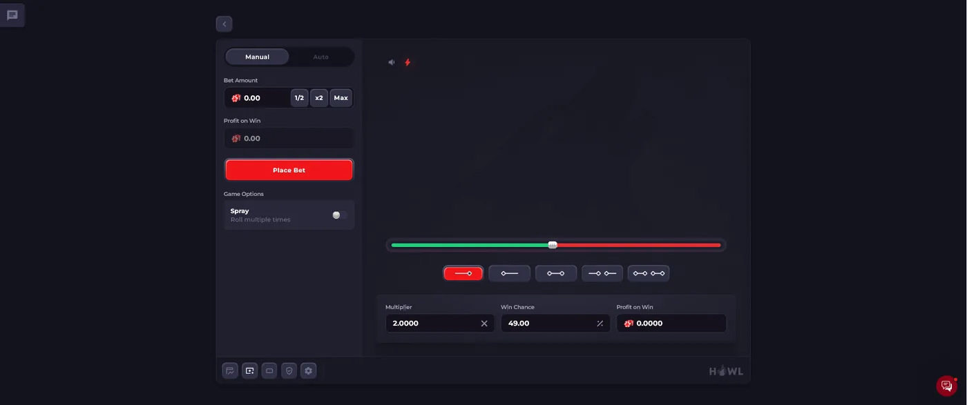 Howl.gg Dice game where players set their own win chance and multiplier
