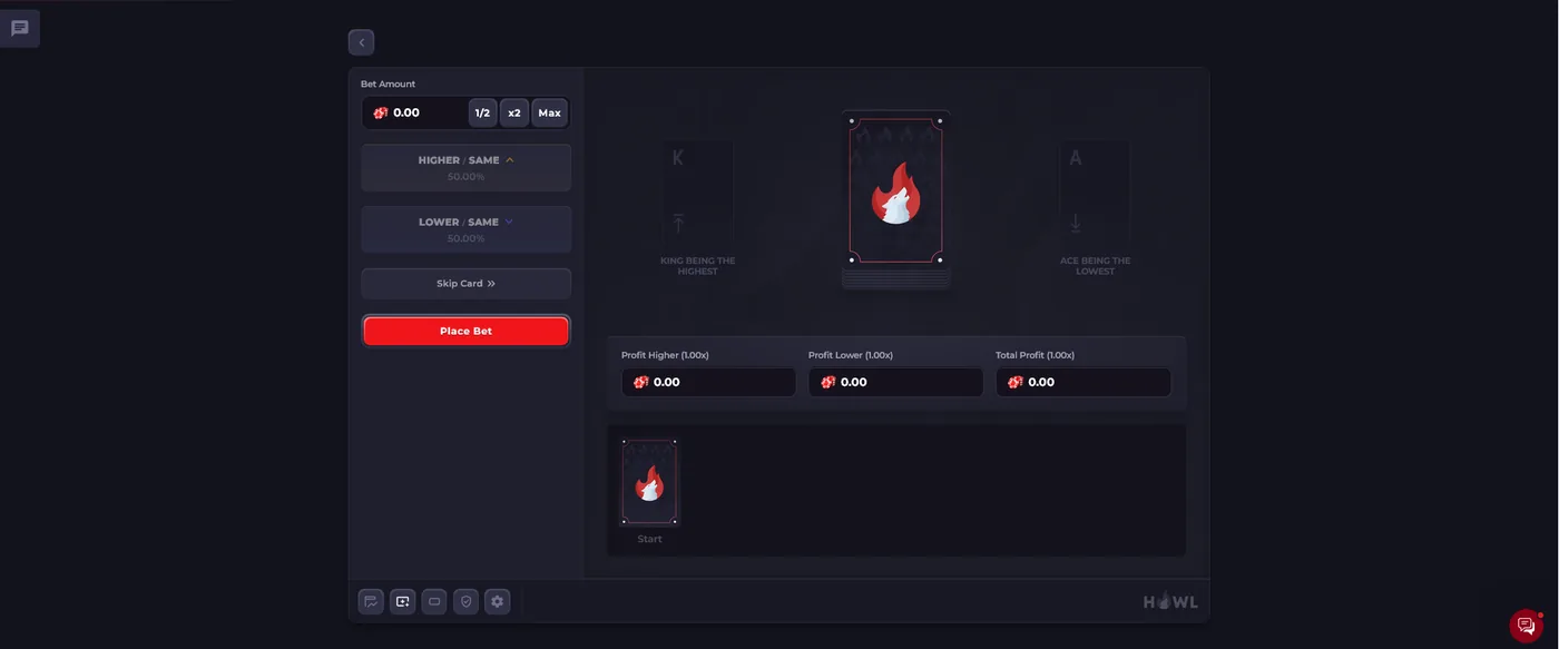 Howl.gg HiLo card game, guessing higher or lower