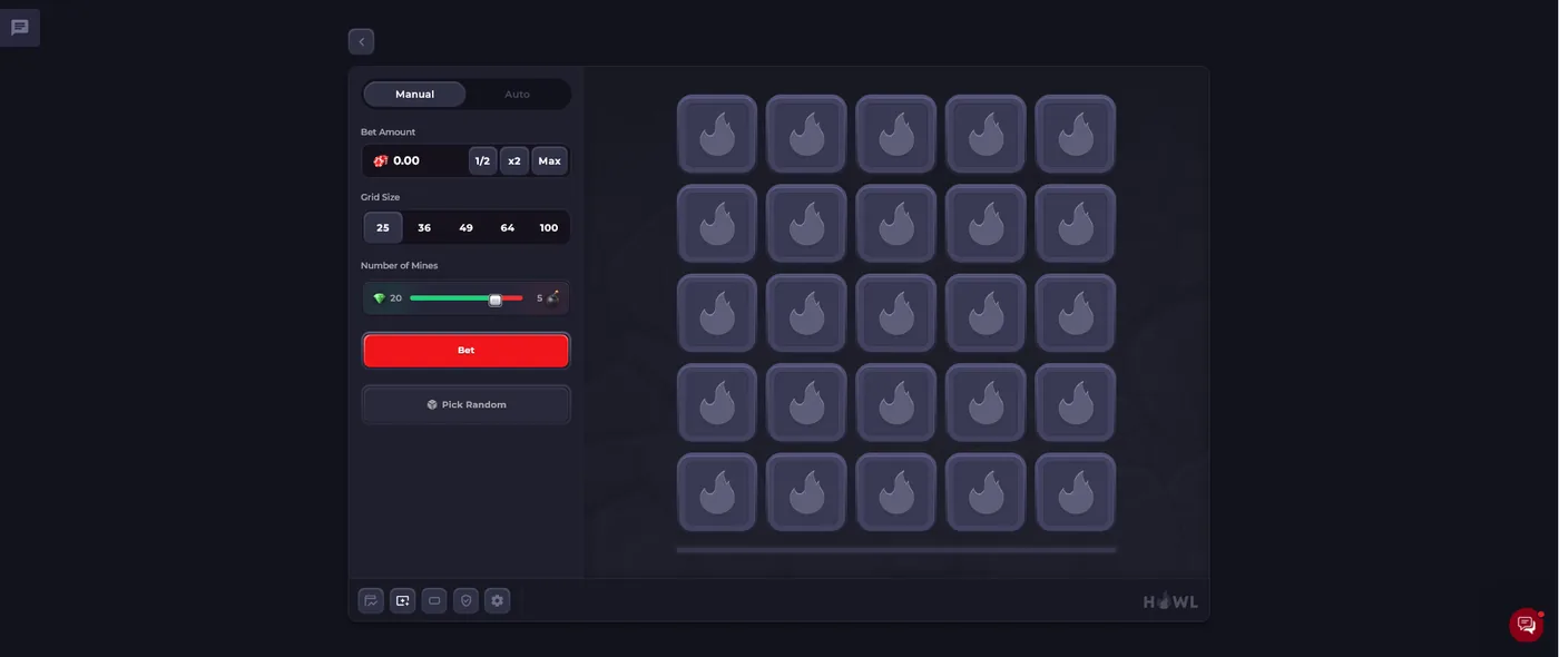 Howl.gg Mines grid game where safe tiles raise the payout