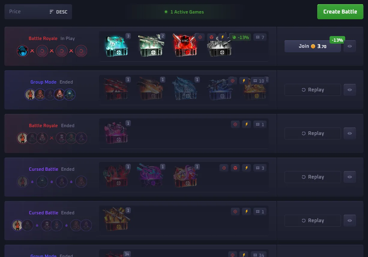 Hunt.gg Case Battles mode with players opening identical cases head to head