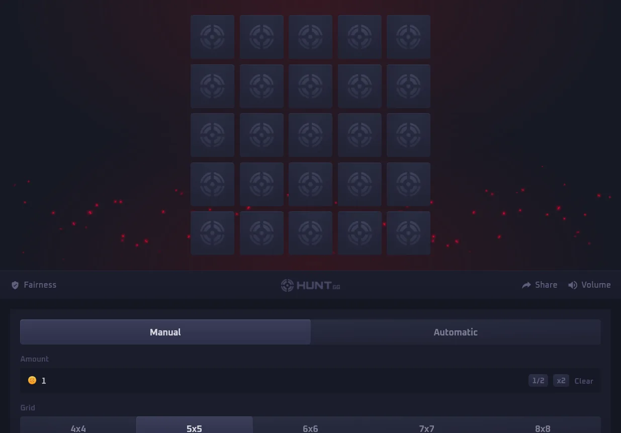 Hunt.gg Mines grid game where safe tiles raise the payout