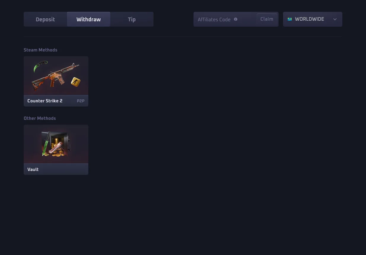 Hunt.gg withdrawal screen showing skin and crypto cash-out options