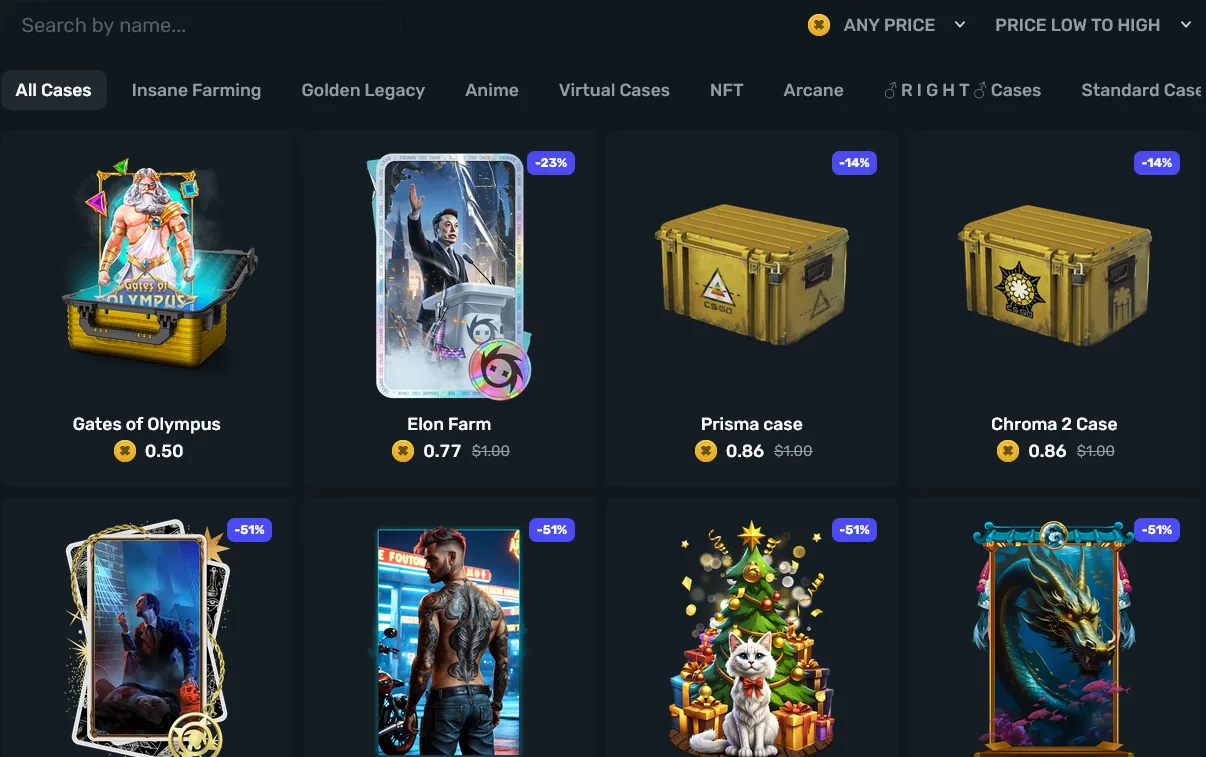 InsaneGG case opening page showing CS2 cases and contents