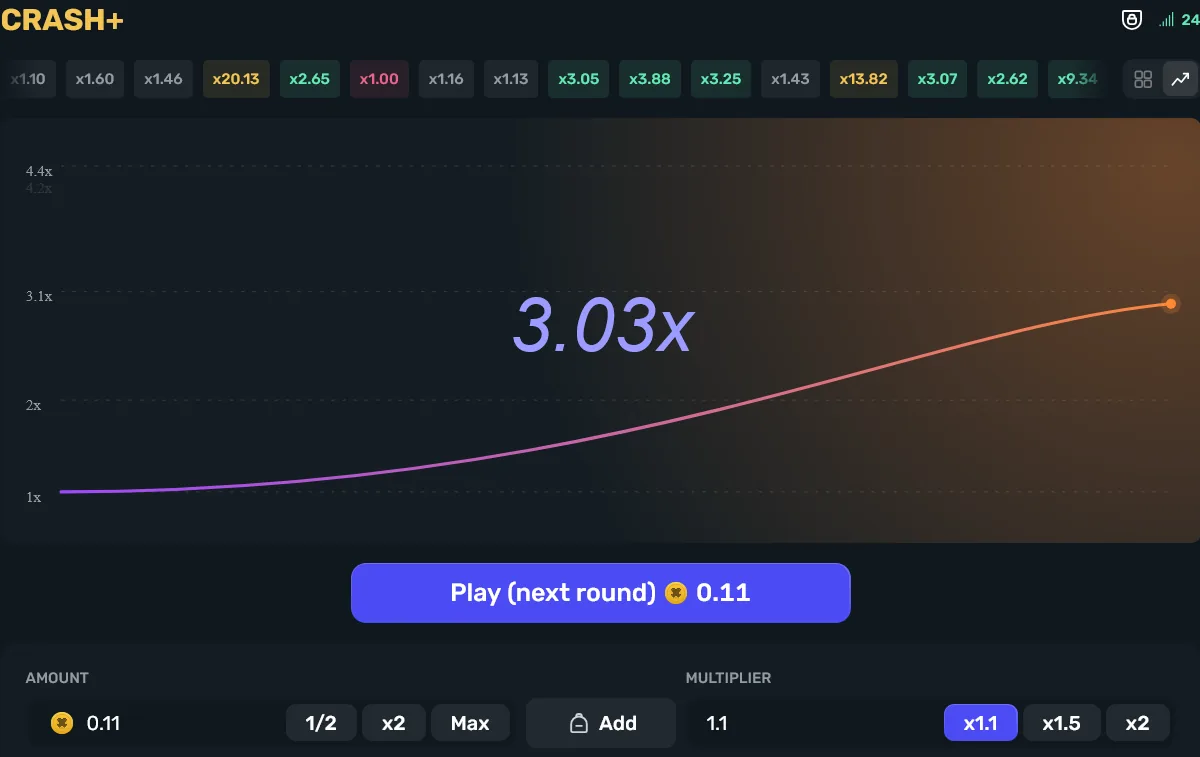 InsaneGG Crash game showing the rising multiplier before it busts