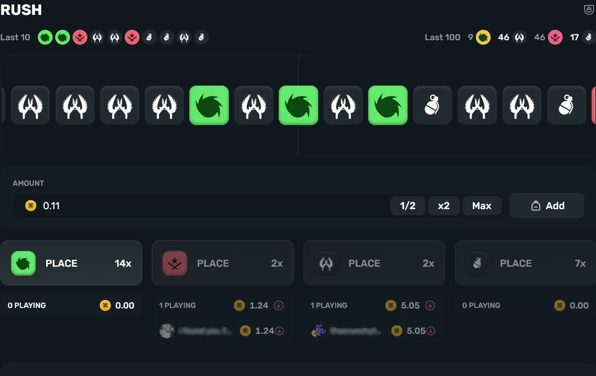 InsaneGG Rush game, a fast-paced multiplier variant