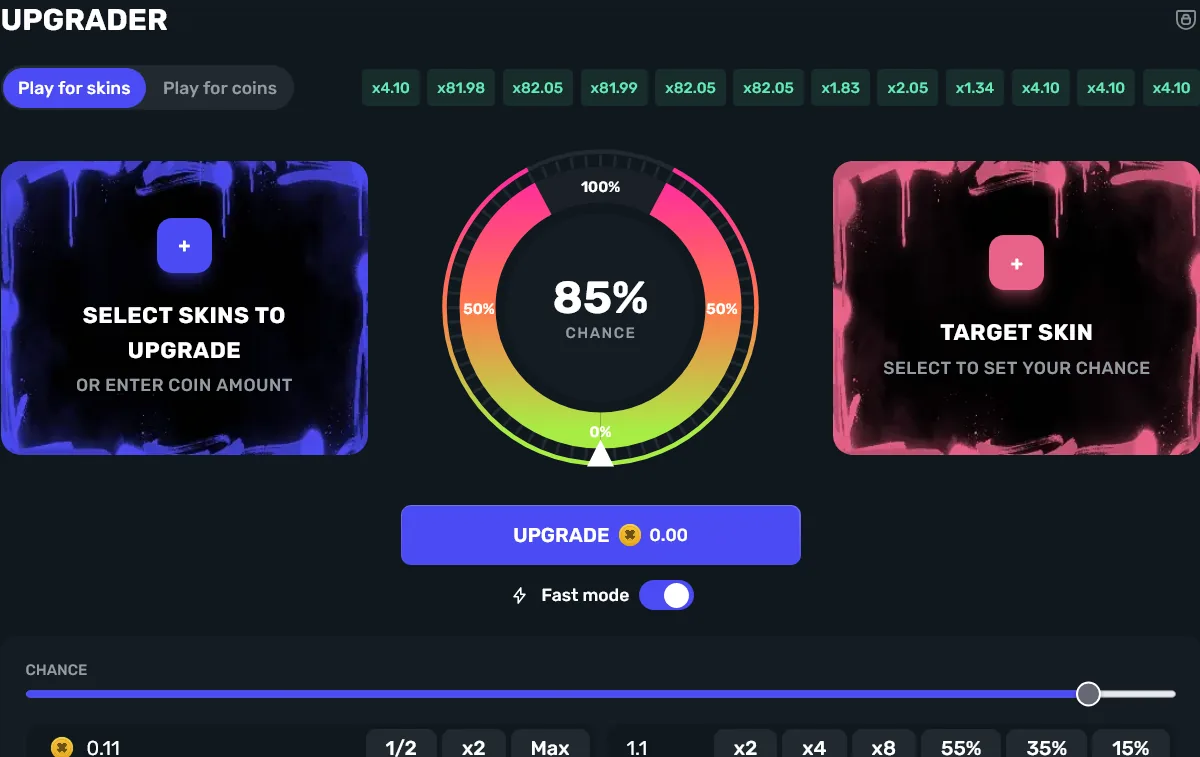 InsaneGG Upgrader converting a skin or balance toward a higher-value item