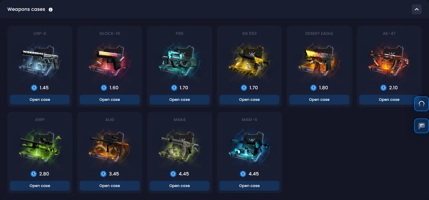 KnifeX case opening page showing CS2 cases and their contents
