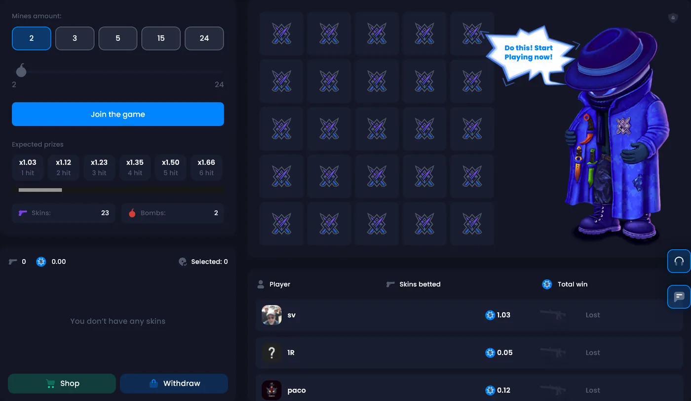 KnifeX Mines grid game where safe tiles raise the payout