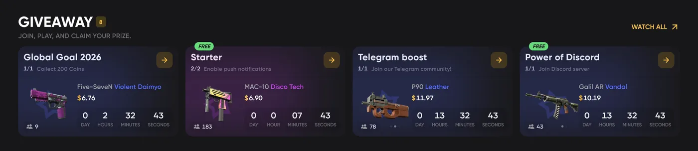 Open Stars giveaways and tournaments page offering free chances to win skins