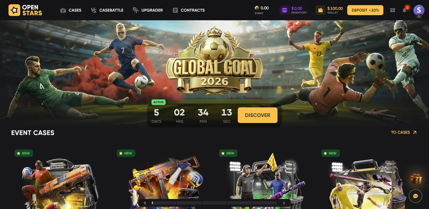 Open Stars (openstars.gg) home page showing its themed CS2 case catalogue