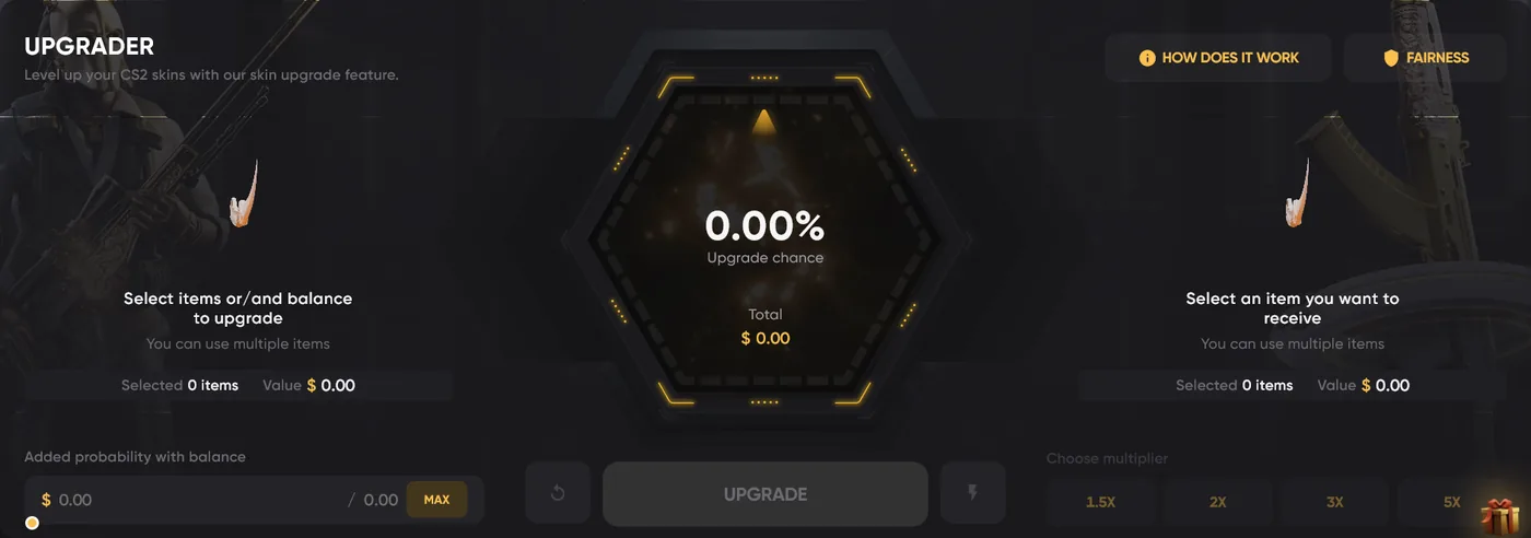 Open Stars Upgrader trading an item or balance up toward a higher-value skin