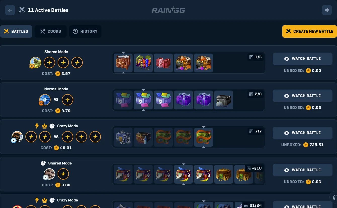 Rain.gg Case Battles offering 1v1, 2v2 and group modes including Crazy Mode