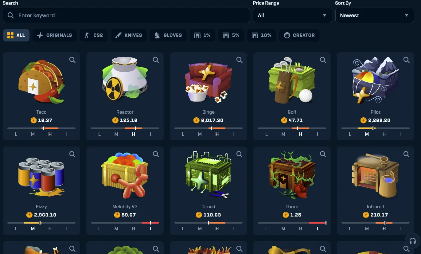 Rain.gg case catalogue showing hundreds of CS2 cases with published drop rates