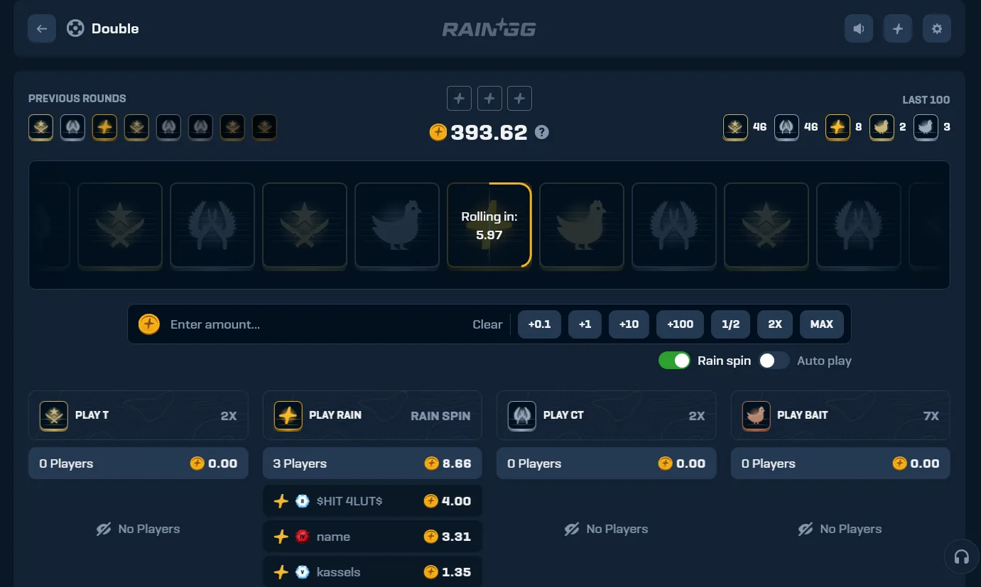 Rain.gg Double game, a 15-slot roulette wheel with a 6.66% house edge