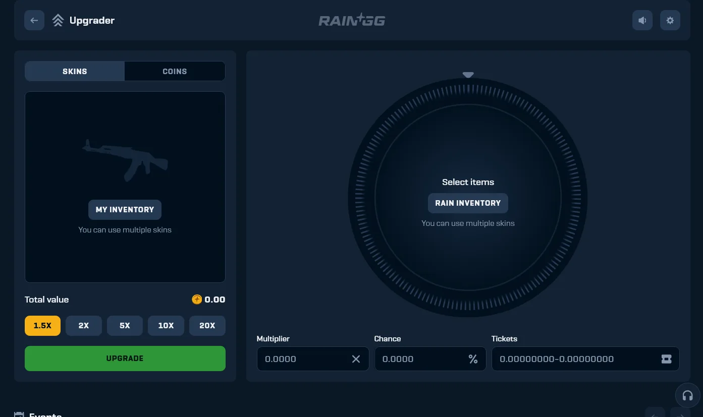 Rain.gg Upgrader, a high-speed skin multiplier toward a target item