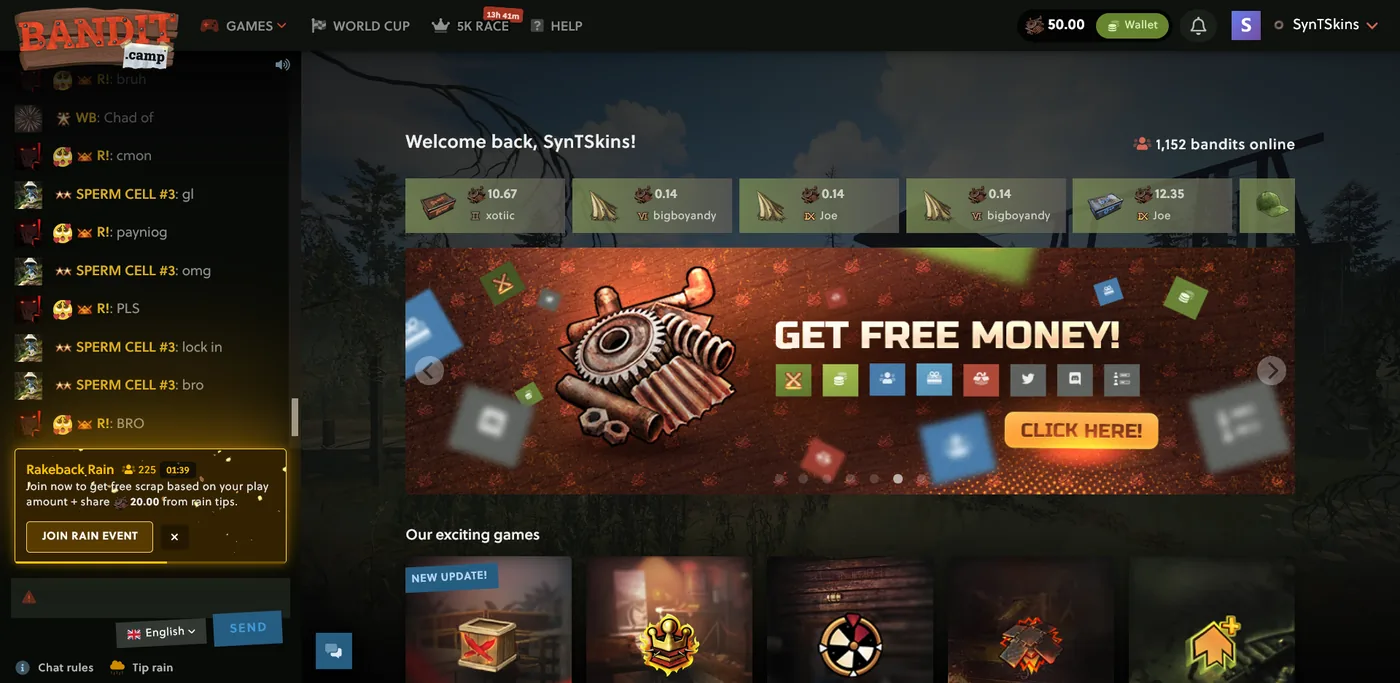 Bandit Camp home page showing its Rust skin gambling lobby and games