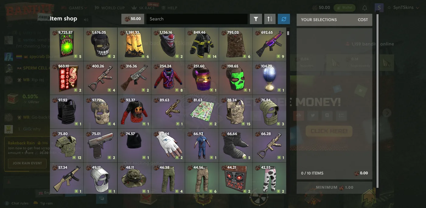 Bandit Camp peer-to-peer Rust skin marketplace with item valuations