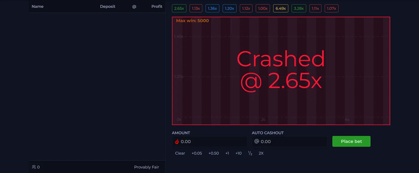 RustChance Crash game showing the rising multiplier before it busts
