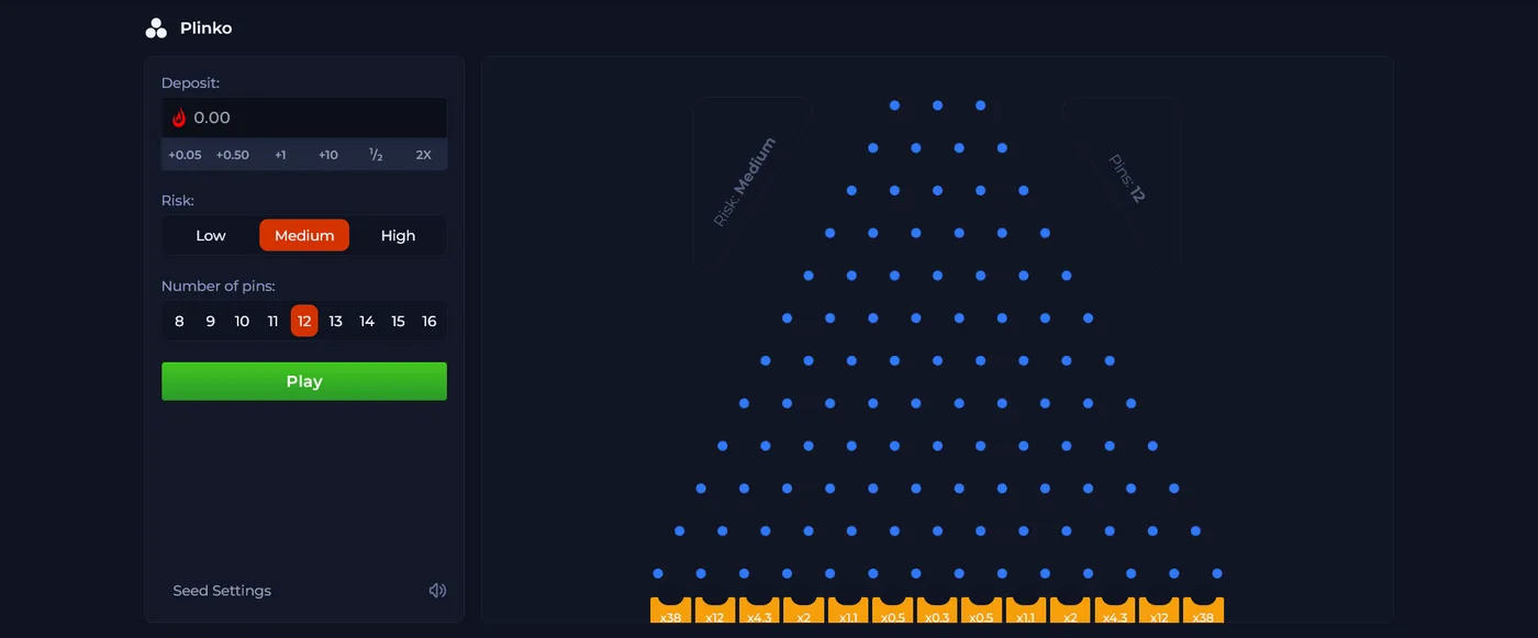 RustChance Plinko board dropping a chip through pegs into multiplier slots