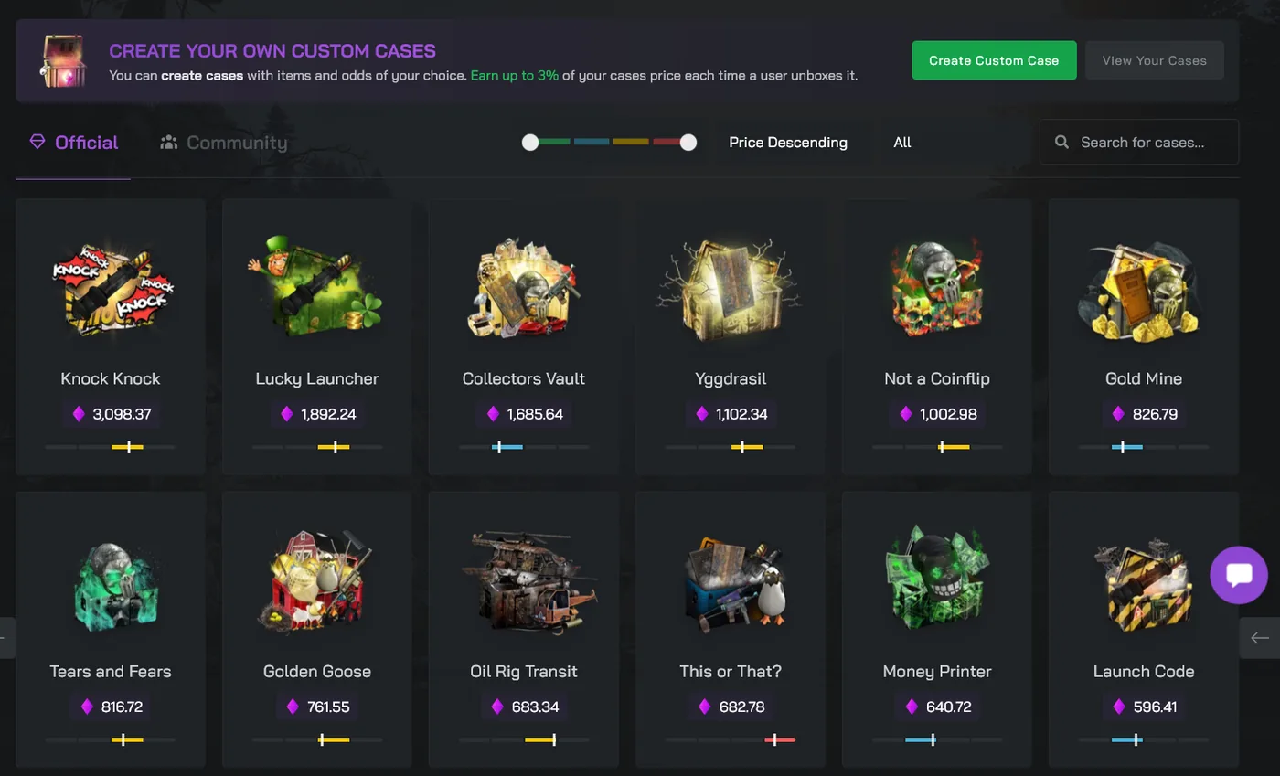 RustClash case opening page showing Rust cases and drop rates