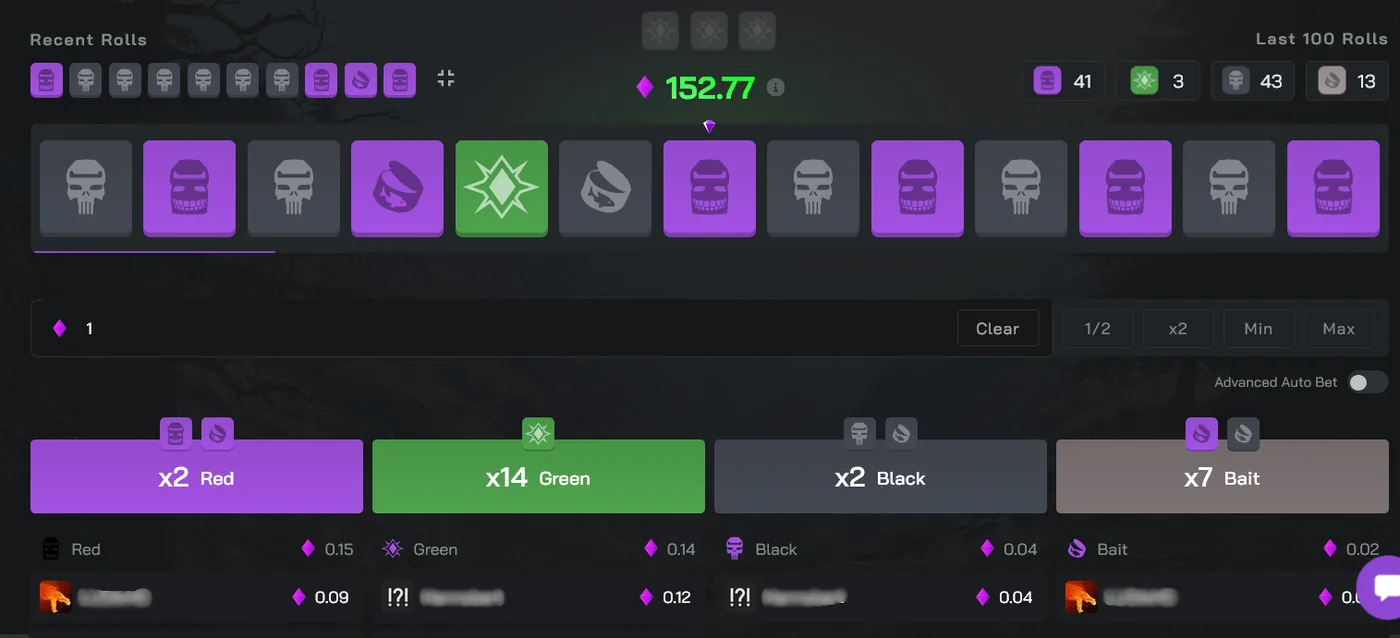 RustClash Double game, a roulette-style colour betting wheel for Rust skins