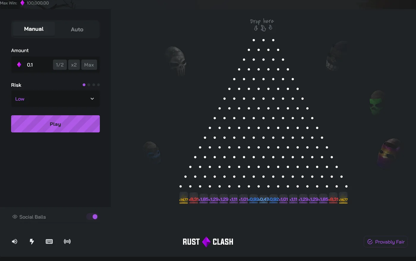 RustClash Plinko board dropping a chip through pegs into multiplier slots