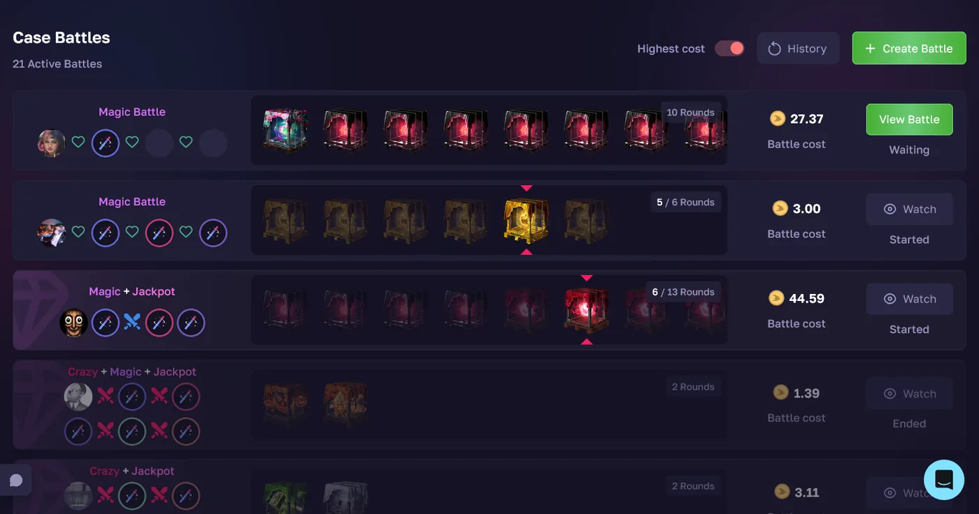 RustMagic Case Battles mode with players opening identical Rust cases
