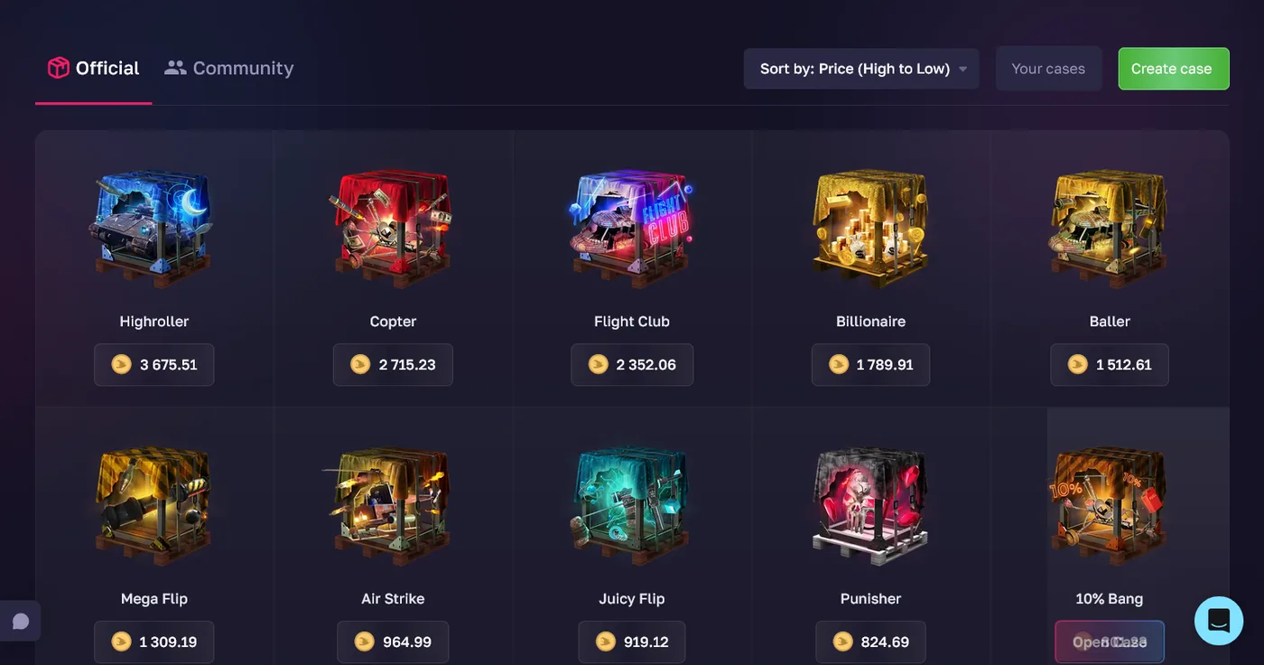 RustMagic case opening page showing Rust cases and drop odds