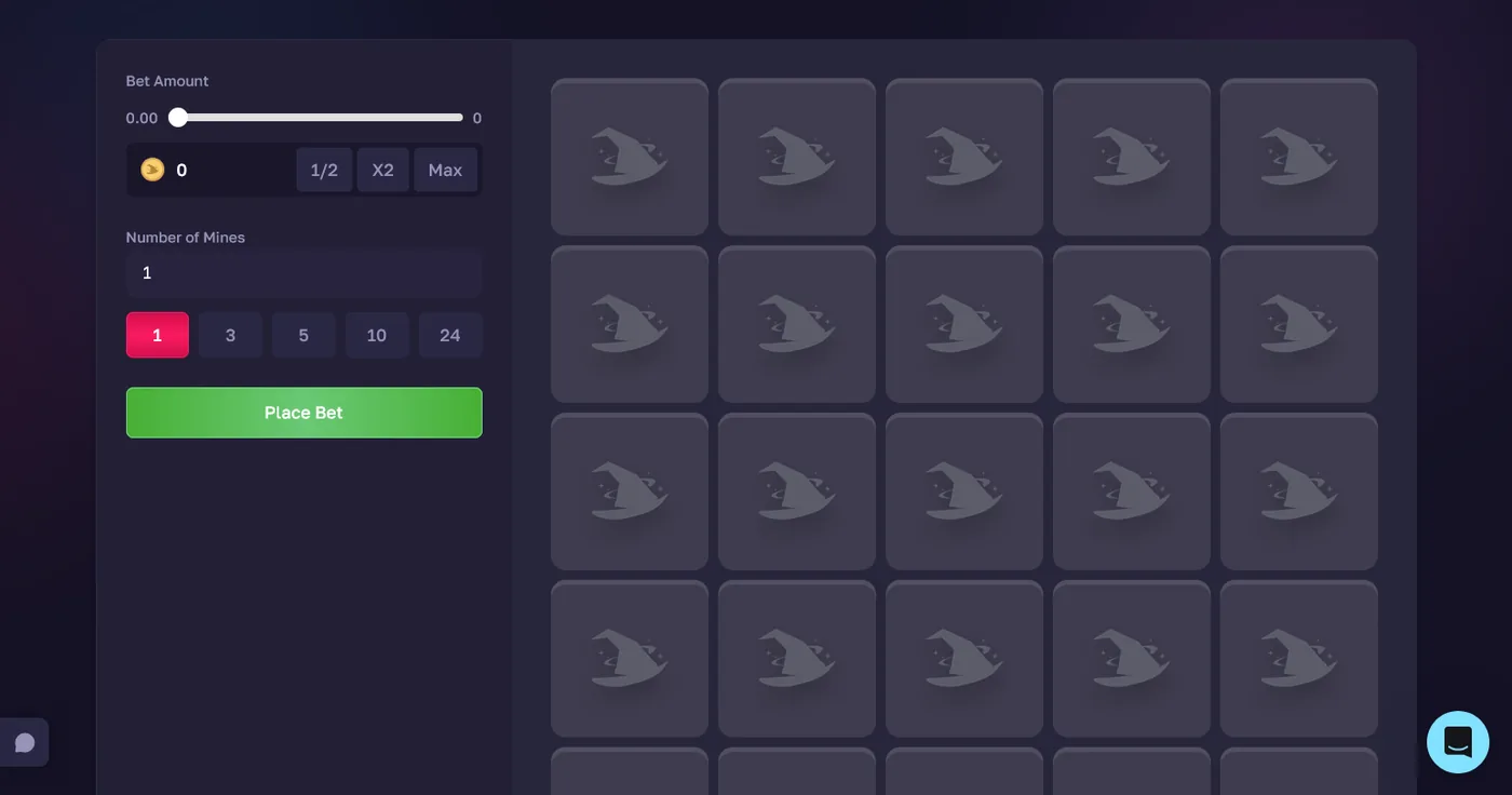 RustMagic Mines grid game where safe tiles raise the payout