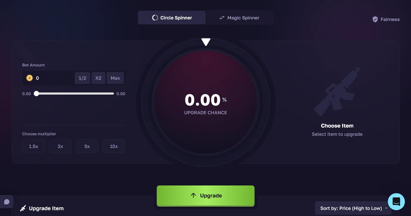 RustMagic Upgrader gambling a Rust skin or balance toward a higher-value item