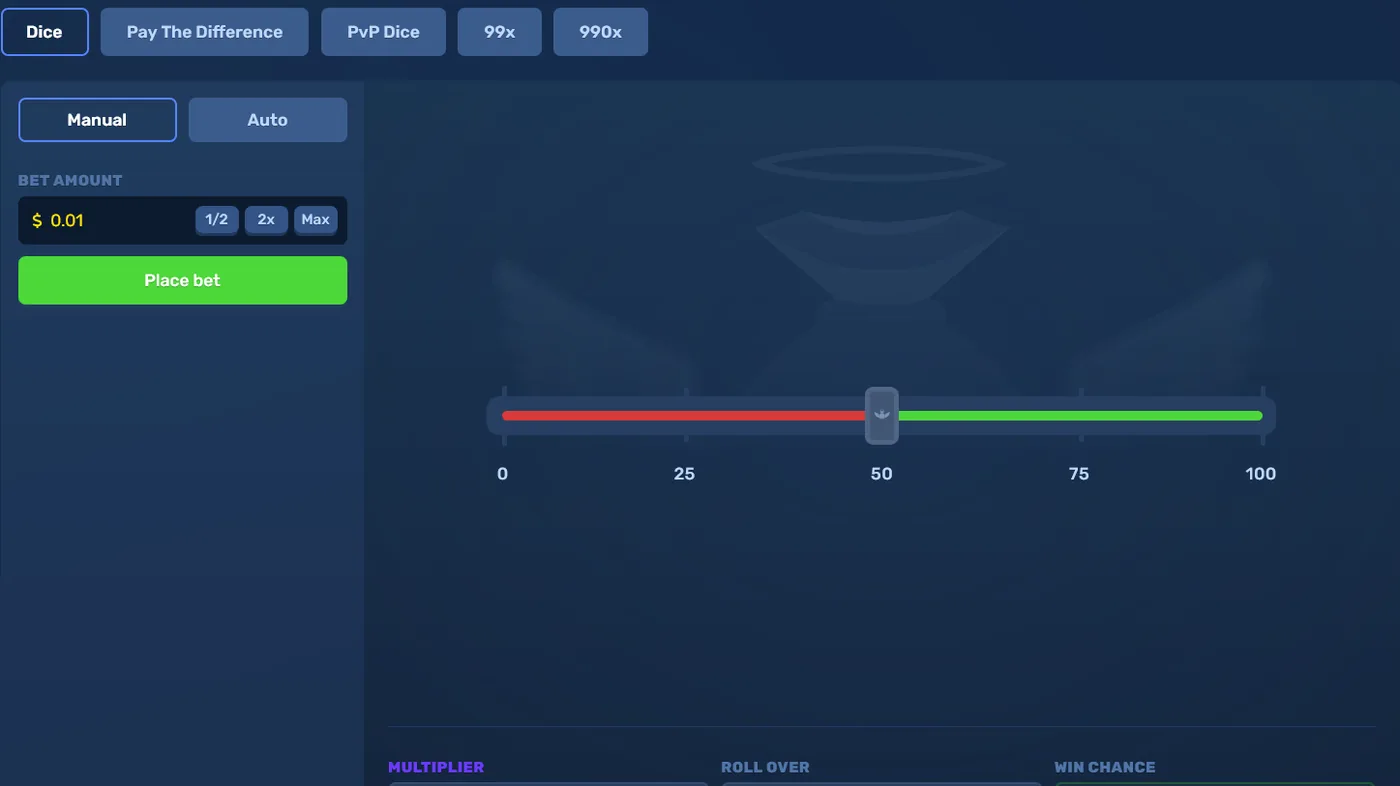 RustReaper Dice game where players set their own win chance and multiplier