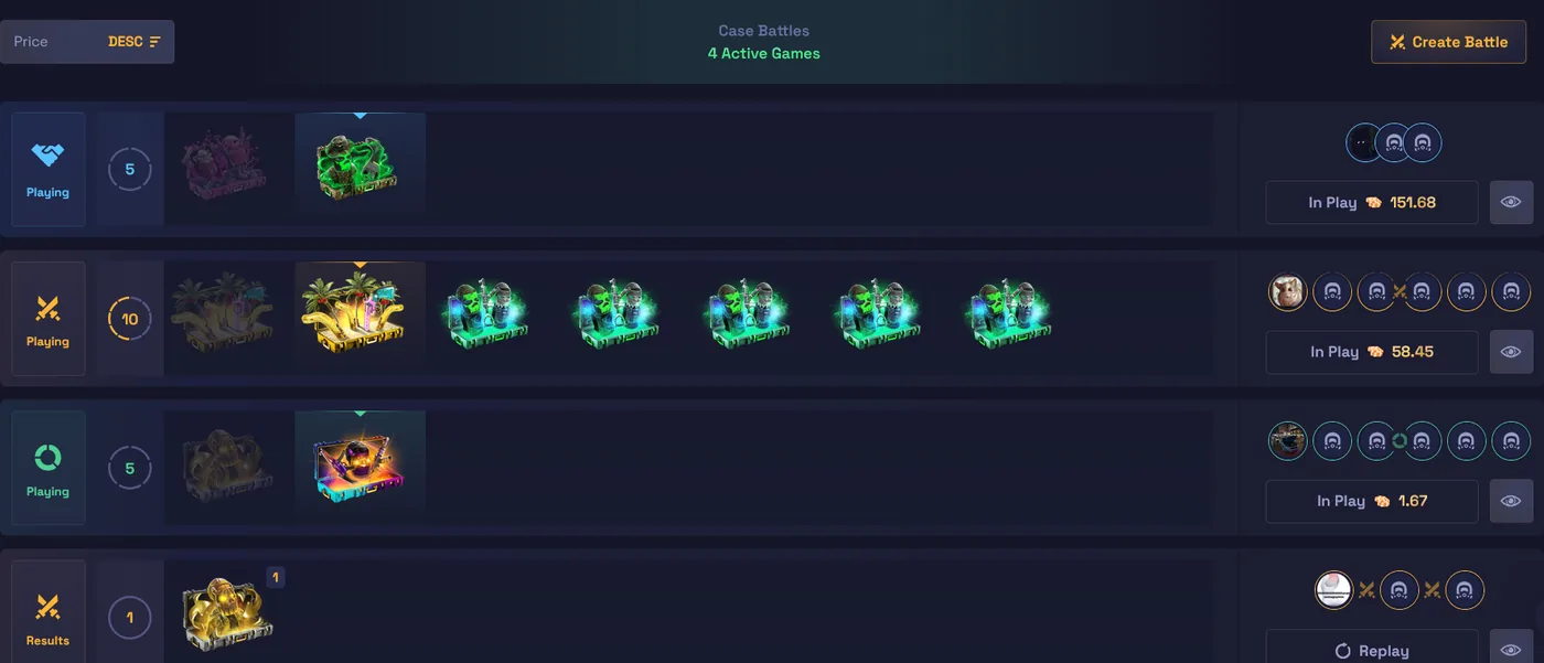 RustyLoot Case Battles mode with players opening identical Rust cases