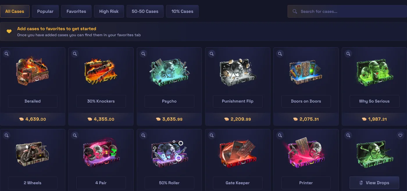 RustyLoot case opening page showing Rust cases with published odds