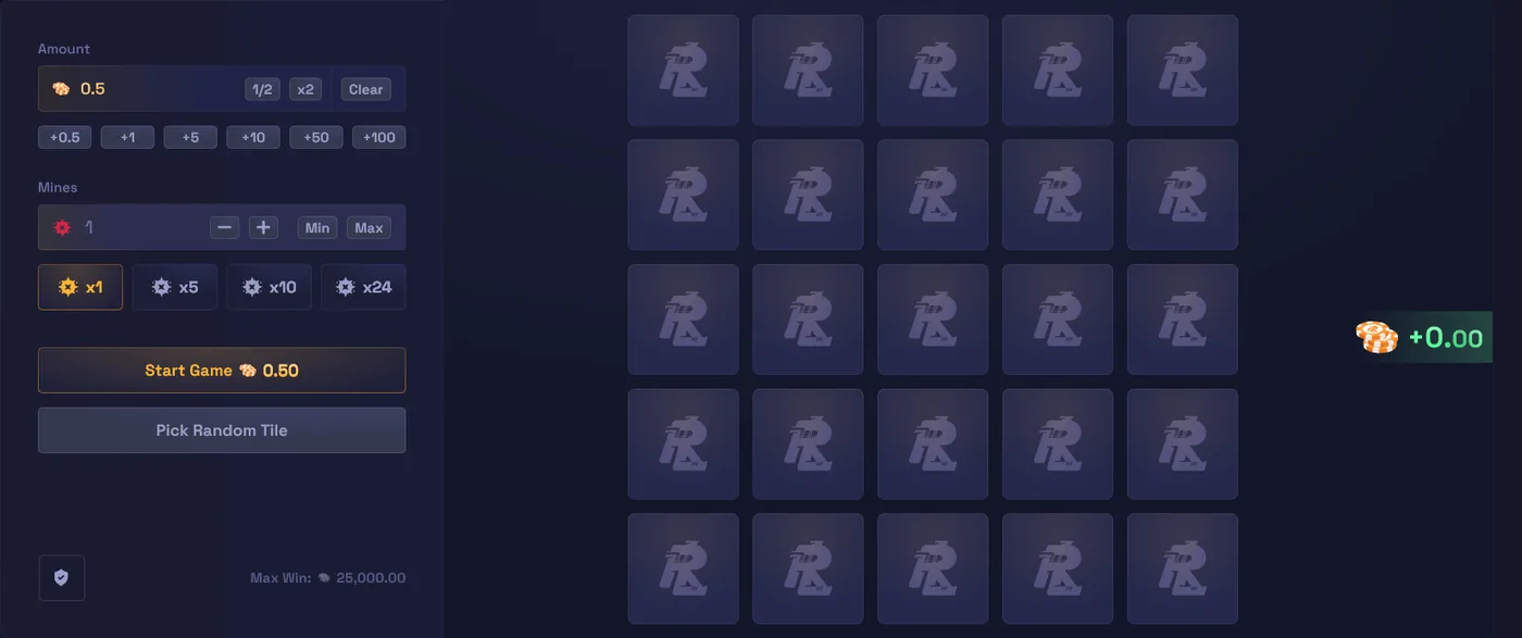 RustyLoot Mines grid game where safe tiles raise the payout