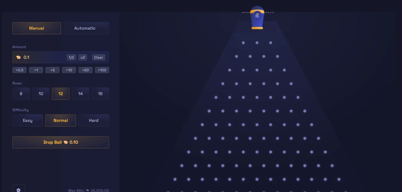 RustyLoot Plinko board dropping a chip through pegs into multiplier slots
