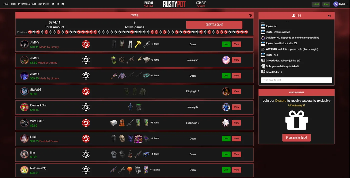 RustyPot Coinflip game, a 50/50 Rust skin duel between two players