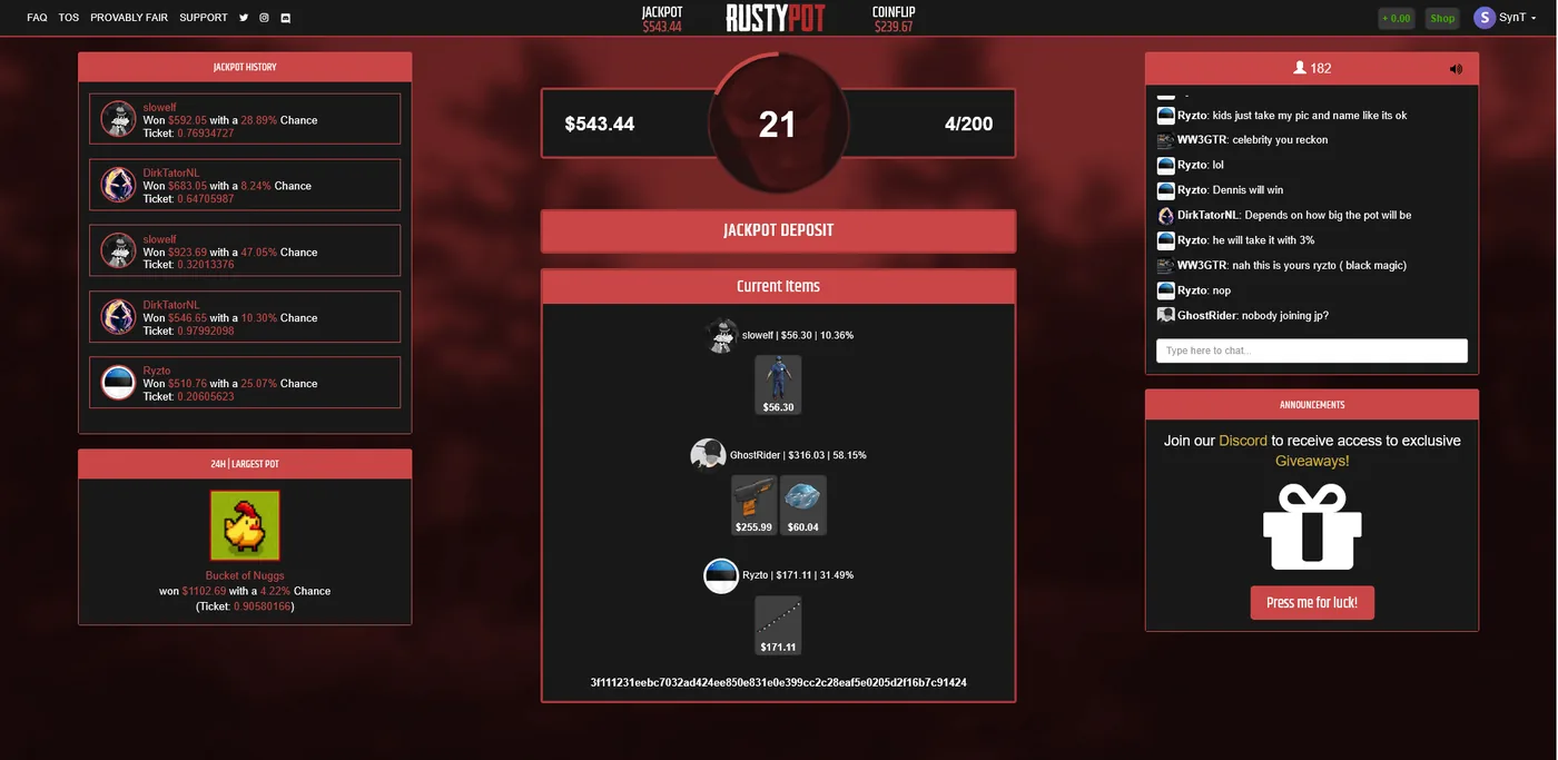 RustyPot Jackpot mode pooling Rust skins into a single pot